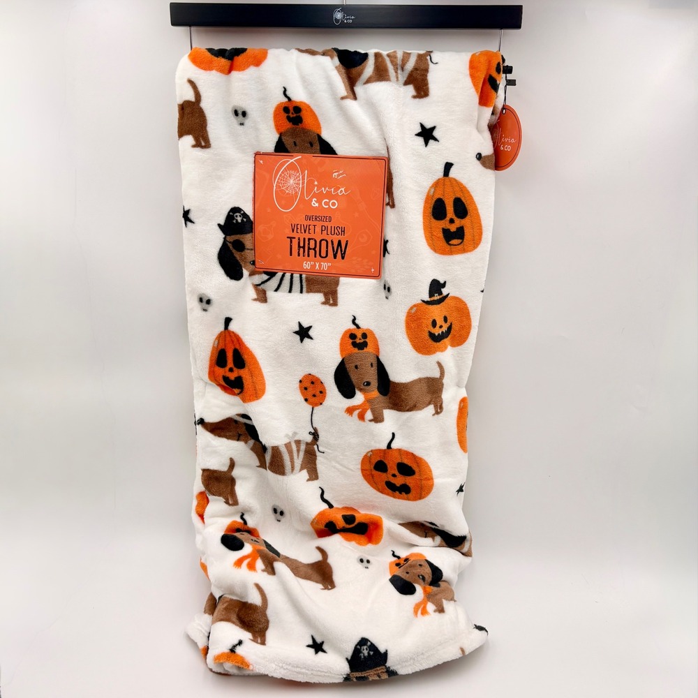 Olivia & Co Halloween Dachshund Velvet Plush Throw Blanket 60x70 White Orange